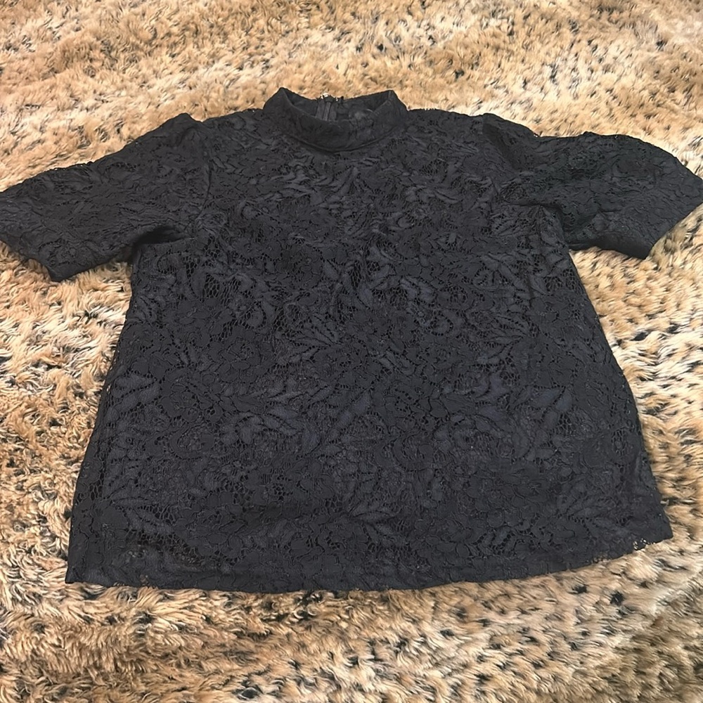 AQUA Puff Short Sleeve Lace Overlay Blouse Top Black small
